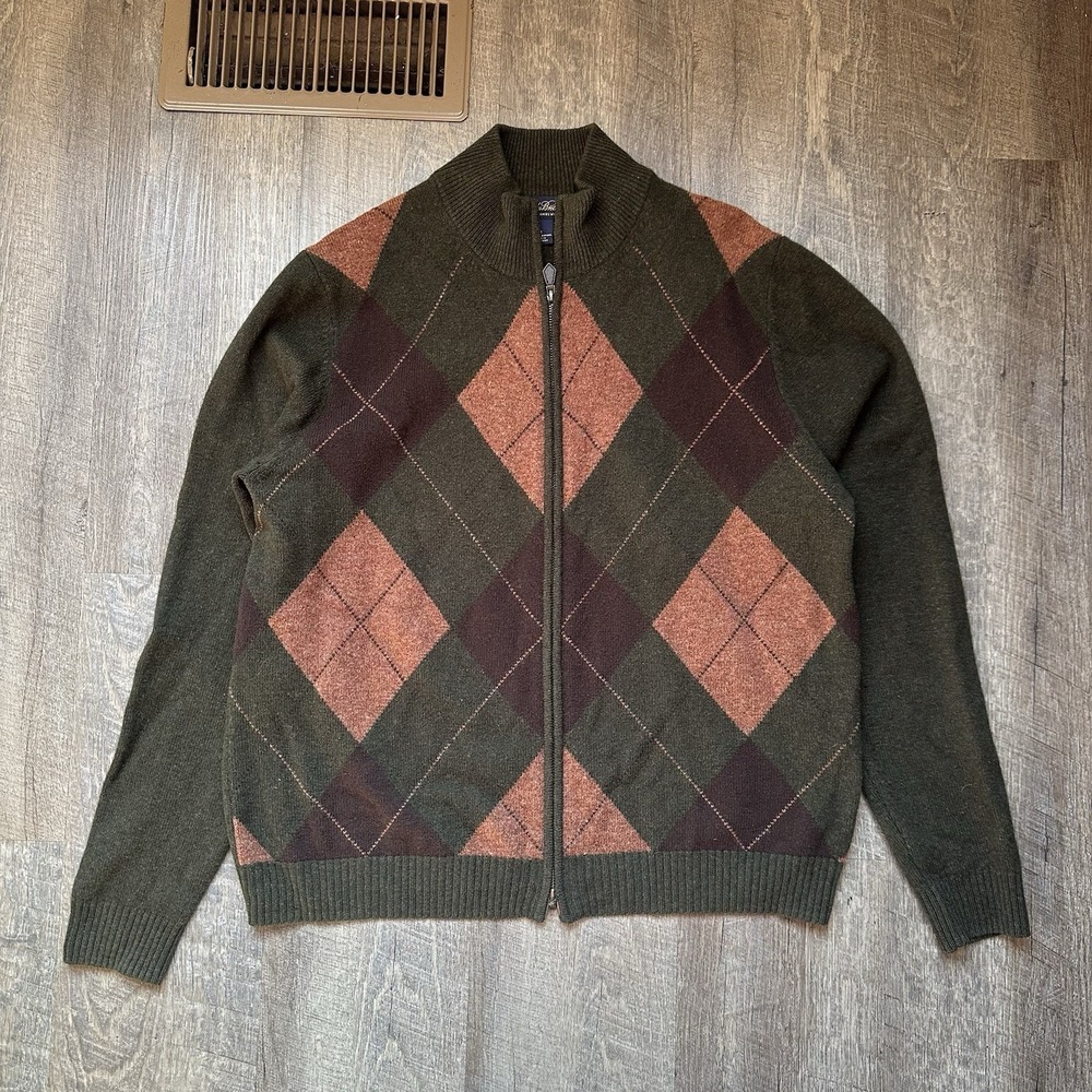 Brooks Brothers Scottish Lambswool Full-Zip Argyle Sweater Green Men's Size M